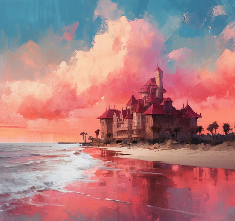 粉色海岸线边海浪小岛尖顶古堡矗立夕阳日落云朵天空油画,插画/手绘图,插画/手绘图库,插画/手绘图下载,插画/手绘